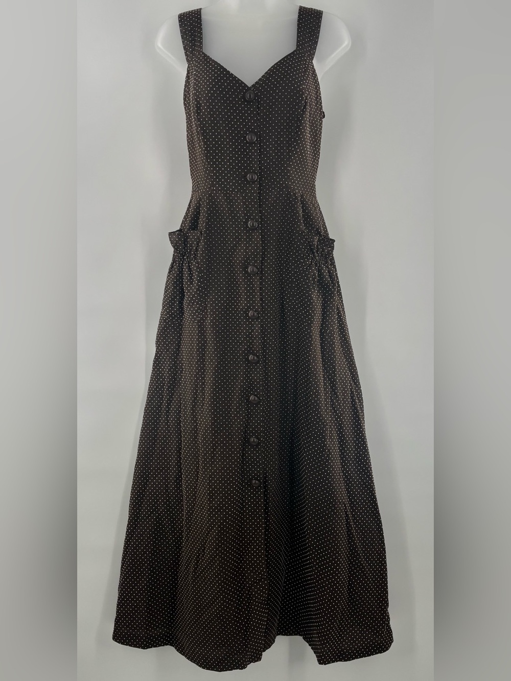 Vintage Maxi Dress Brown Polka Dots V-Neck Button Front Slit Pockets Bow